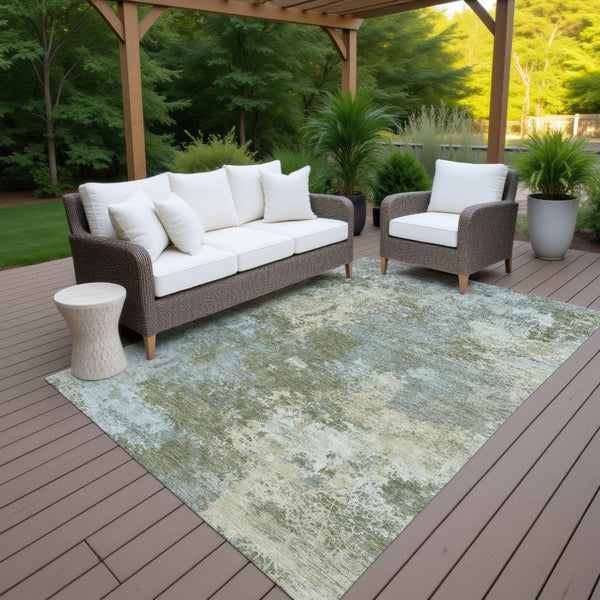 HomeRoots 10' Fern Green and Beige Abstract Indoor Outdoor Area Rug - Durable, Washable, Modern Style for High-Traffic Areas 689004