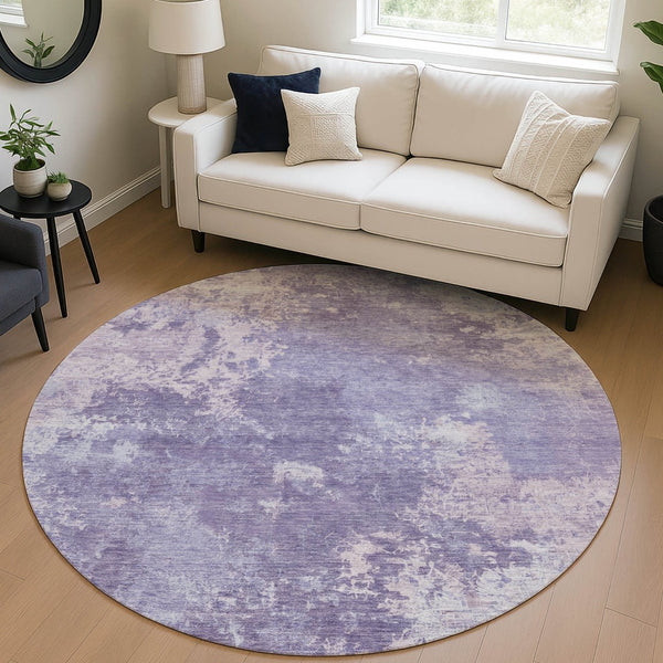 HomeRoots 8' Plum and Gray Round Abstract Area Rug – Stylish, Washable, Durable for Indoor & Outdoor Spaces 689007