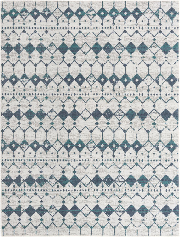 Unique Loom Outdoor Trellis Cardak Machine Made Geometric Rug Ivory and Blue, Navy Blue/Gray/Green 7' 10" x 10' 0"