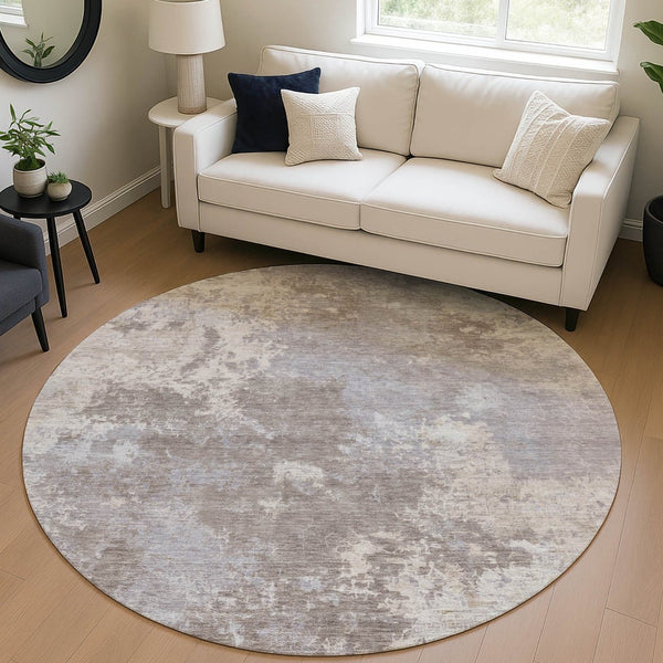 HomeRoots 8' Taupe and Beige Abstract Round Area Rug - Stylish, Washable, Durable for Indoor & Outdoor Use 689019