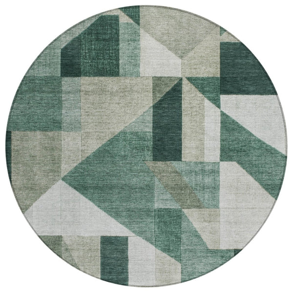 HomeRoots 8' Sage and Ivory Round Geometric Area Rug - Washable, Durable, Ideal for Indoor & Outdoor Spaces 689025