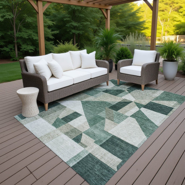 HomeRoots 10' Sage and Ivory Geometric Washable Area Rug - Durable, Stylish, Perfect for Indoor & Outdoor Use! 689028