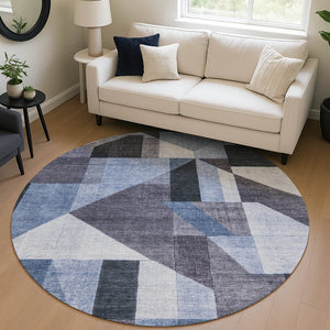 HomeRoots 8' Round Blue and Ivory Geometric Rug - Durable, Washable, Stylish for Indoor and Outdoor Spaces 689031