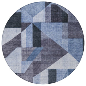 HomeRoots 8' Round Blue and Ivory Geometric Rug - Durable, Washable, Stylish for Indoor and Outdoor Spaces 689031