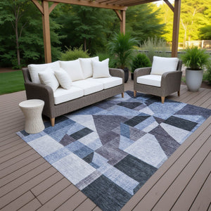 HomeRoots 9' X 12' Stylish Blue and Ivory Geometric Area Rug - Washable, Durable for Indoor & Outdoor Use! 689033