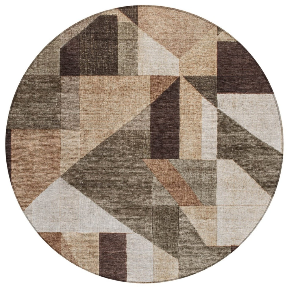 HomeRoots 8' Brown and Beige Round Geometric Rug – Washable, Durable, Indoor/Outdoor Perfect for High Traffic Areas 689037