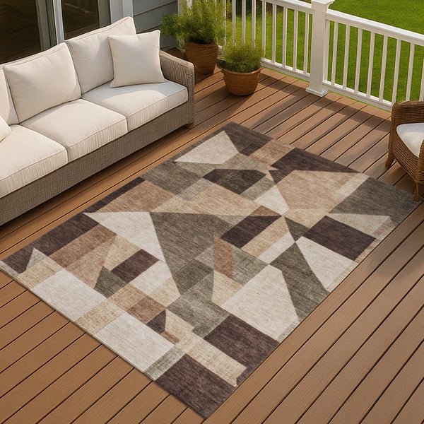 HomeRoots 9' X 12' Stylish Brown & Beige Geometric Washable Area Rug for Indoor/Outdoor High-Traffic Spaces 689039