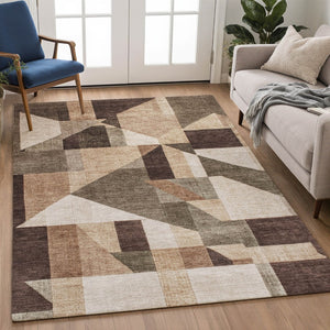 HomeRoots 9' X 12' Stylish Brown & Beige Geometric Washable Area Rug for Indoor/Outdoor High-Traffic Spaces 689039