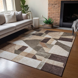 HomeRoots 9' X 12' Stylish Brown & Beige Geometric Washable Area Rug for Indoor/Outdoor High-Traffic Spaces 689039