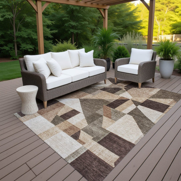 HomeRoots 9' X 12' Stylish Brown & Beige Geometric Washable Area Rug for Indoor/Outdoor High-Traffic Spaces 689039