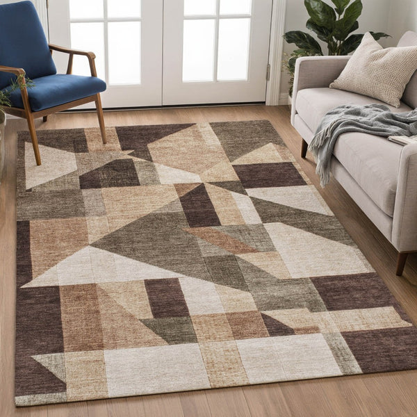 HomeRoots 10' X 14' Brown and Beige Geometric Area Rug - Stylish, Washable & Durable for Indoor/Outdoor Spaces 689040