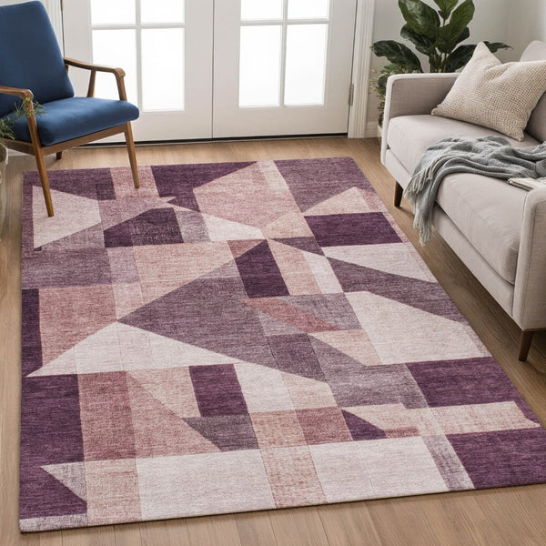 HomeRoots 5' X 8' Eggplant and Ivory Geometric Indoor-Outdoor Area Rug - Stylish, Durable & Easy-Care Design 689042