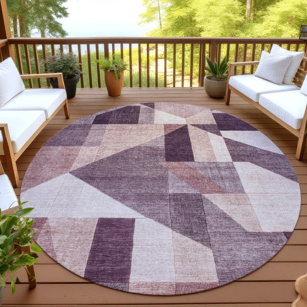 HomeRoots 8' Stylish Eggplant and Ivory Round Geometric Rug – Durable, Washable, Perfect for Indoor & Outdoor Use 689043