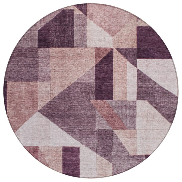 HomeRoots 8' Stylish Eggplant and Ivory Round Geometric Rug – Durable, Washable, Perfect for Indoor & Outdoor Use 689043