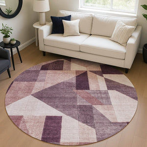 HomeRoots 8' Stylish Eggplant and Ivory Round Geometric Rug – Durable, Washable, Perfect for Indoor & Outdoor Use 689043