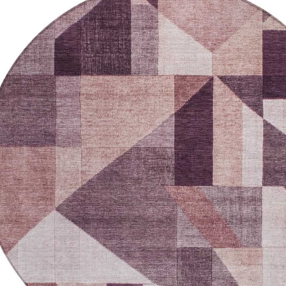 HomeRoots 8' Stylish Eggplant and Ivory Round Geometric Rug – Durable, Washable, Perfect for Indoor & Outdoor Use 689043