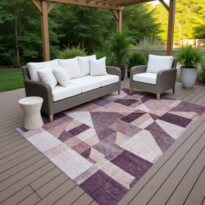 HomeRoots 8' X 10' Eggplant and Ivory Geometric Washable Area Rug – Stylish, Durable for Indoor & Outdoor Use! 689044