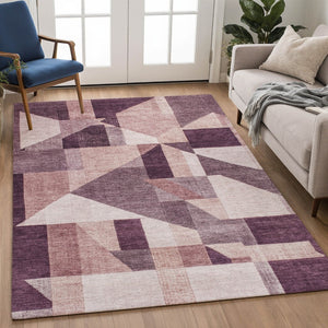 HomeRoots 10' X 14' Eggplant and Ivory Geometric Area Rug – Stylish, Washable, Durable for Indoor & Outdoor Use 689046