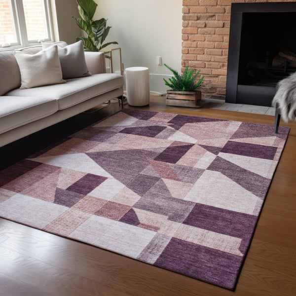 HomeRoots 10' X 14' Eggplant and Ivory Geometric Area Rug – Stylish, Washable, Durable for Indoor & Outdoor Use 689046