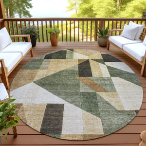 HomeRoots 8' Round Geometric Area Rug in Fern Green, Beige & Ivory - Washable for Indoor/Outdoor Use! 689049