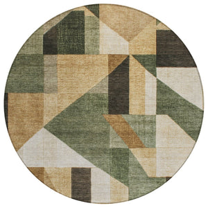 HomeRoots 8' Round Geometric Area Rug in Fern Green, Beige & Ivory - Washable for Indoor/Outdoor Use! 689049