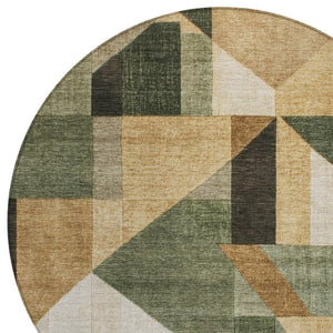 HomeRoots 8' Round Geometric Area Rug in Fern Green, Beige & Ivory - Washable for Indoor/Outdoor Use! 689049