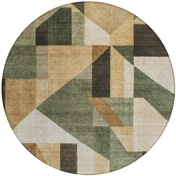 HomeRoots 8' Round Geometric Area Rug in Fern Green, Beige & Ivory - Washable for Indoor/Outdoor Use! 689049