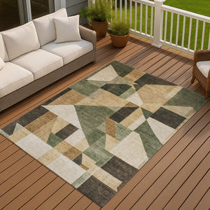 HomeRoots 9' X 12' Stylish Fern Green, Beige & Ivory Geometric Washable Area Rug for Indoor & Outdoor Use 689051