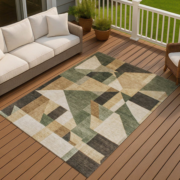 HomeRoots 9' X 12' Stylish Fern Green, Beige & Ivory Geometric Washable Area Rug for Indoor & Outdoor Use 689051
