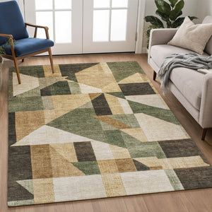 HomeRoots 9' X 12' Stylish Fern Green, Beige & Ivory Geometric Washable Area Rug for Indoor & Outdoor Use 689051