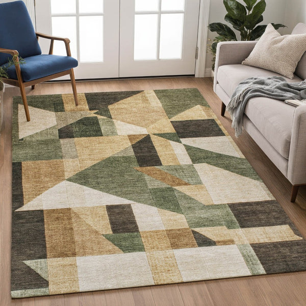 HomeRoots 9' X 12' Stylish Fern Green, Beige & Ivory Geometric Washable Area Rug for Indoor & Outdoor Use 689051