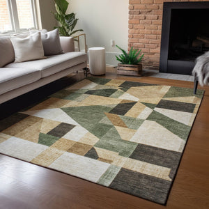 HomeRoots 9' X 12' Stylish Fern Green, Beige & Ivory Geometric Washable Area Rug for Indoor & Outdoor Use 689051