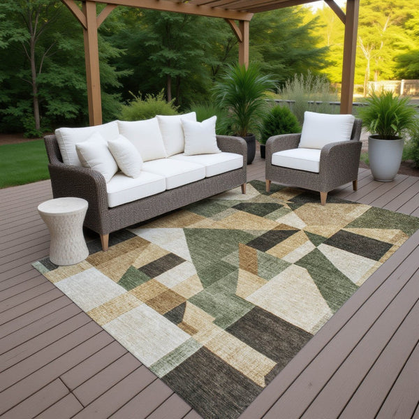 HomeRoots 9' X 12' Stylish Fern Green, Beige & Ivory Geometric Washable Area Rug for Indoor & Outdoor Use 689051
