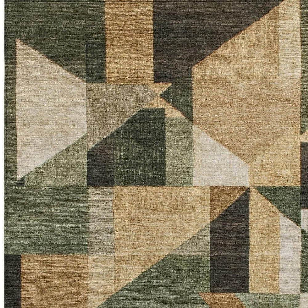 HomeRoots 10' Geometric Fern Green, Beige & Ivory Washable Area Rug for Indoor/Outdoor High-Traffic Spaces 689052