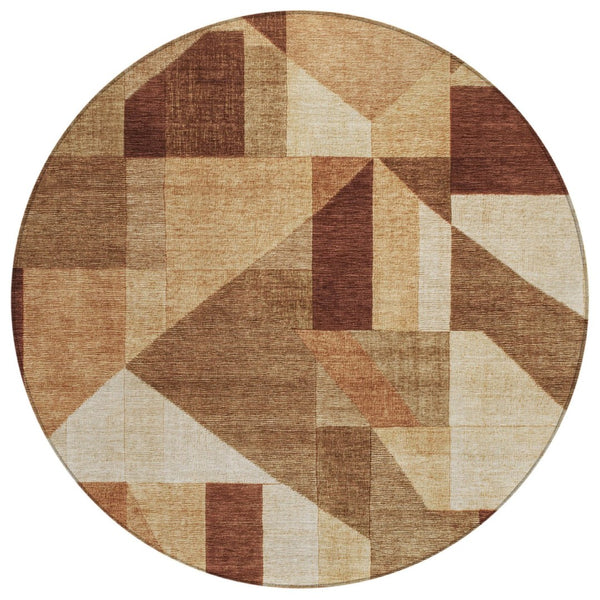 HomeRoots 8' Round Geometric Washable Rug in Rust & Beige - Durable Indoor/Outdoor Area Rug for High Traffic Spaces 689055