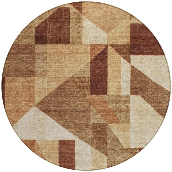 HomeRoots 8' Round Geometric Washable Rug in Rust & Beige - Durable Indoor/Outdoor Area Rug for High Traffic Spaces 689055