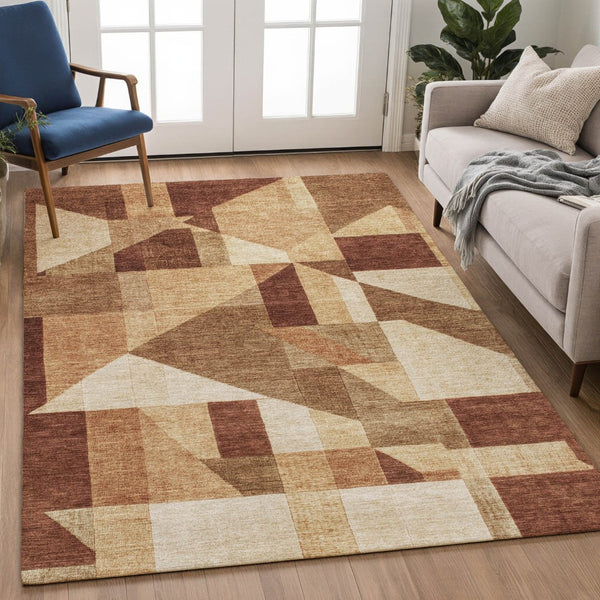 HomeRoots 9' X 12' Stylish Rust and Beige Geometric Area Rug - Washable, Durable, Indoor/Outdoor Versatility! 689057