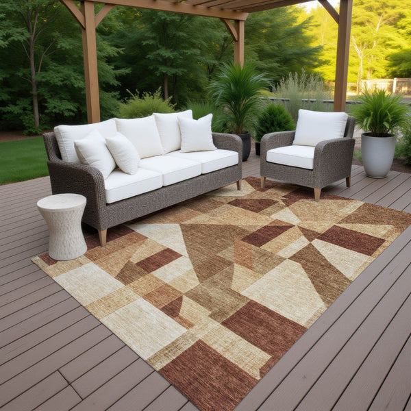 HomeRoots 9' X 12' Stylish Rust and Beige Geometric Area Rug - Washable, Durable, Indoor/Outdoor Versatility! 689057