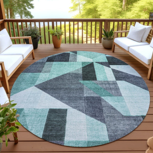 HomeRoots 8' Teal Blue and Gray Round Geometric Rug - Stylish, Washable, Durable for Indoor & Outdoor Spaces 689067