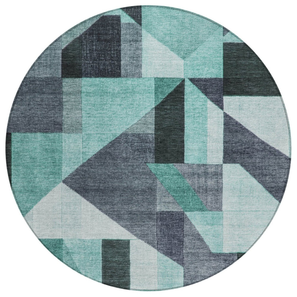 HomeRoots 8' Teal Blue and Gray Round Geometric Rug - Stylish, Washable, Durable for Indoor & Outdoor Spaces 689067