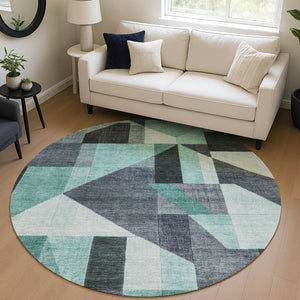 HomeRoots 8' Teal Blue and Gray Round Geometric Rug - Stylish, Washable, Durable for Indoor & Outdoor Spaces 689067
