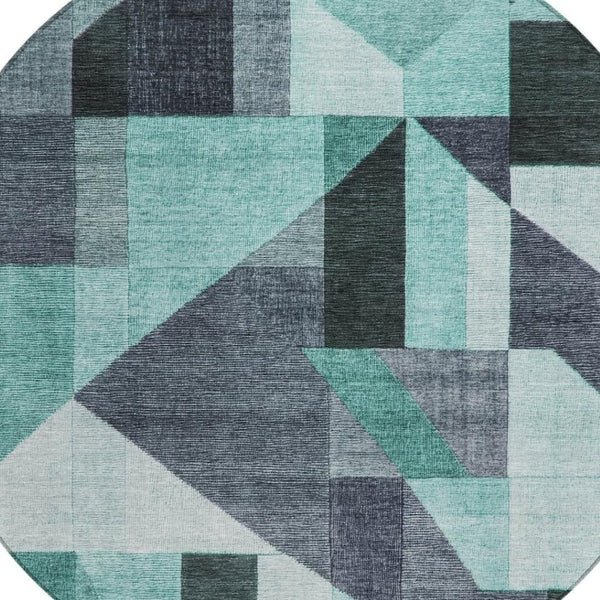 HomeRoots 8' Teal Blue and Gray Round Geometric Rug - Stylish, Washable, Durable for Indoor & Outdoor Spaces 689067