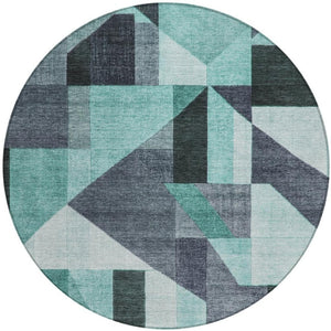 HomeRoots 8' Teal Blue and Gray Round Geometric Rug - Stylish, Washable, Durable for Indoor & Outdoor Spaces 689067