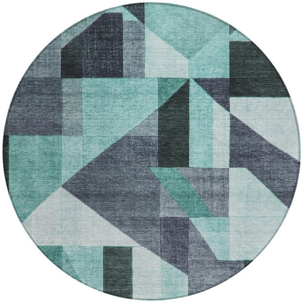 HomeRoots 8' Teal Blue and Gray Round Geometric Rug - Stylish, Washable, Durable for Indoor & Outdoor Spaces 689067