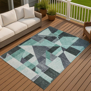 HomeRoots 8' X 10' Durable Teal Blue & Gray Geometric Washable Area Rug for Indoor & Outdoor Spaces 689068