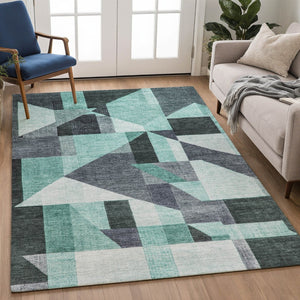 HomeRoots 8' X 10' Durable Teal Blue & Gray Geometric Washable Area Rug for Indoor & Outdoor Spaces 689068