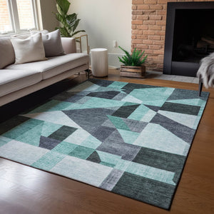 HomeRoots 8' X 10' Durable Teal Blue & Gray Geometric Washable Area Rug for Indoor & Outdoor Spaces 689068
