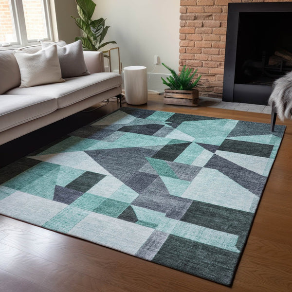 HomeRoots 8' X 10' Durable Teal Blue & Gray Geometric Washable Area Rug for Indoor & Outdoor Spaces 689068