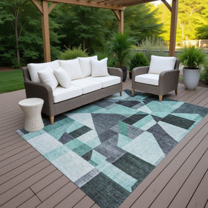 HomeRoots 8' X 10' Durable Teal Blue & Gray Geometric Washable Area Rug for Indoor & Outdoor Spaces 689068