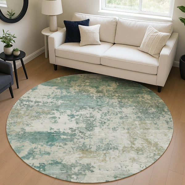 HomeRoots 8' Artichoke Green & Ivory Round Area Rug - Stylish, Washable, Durable for Indoor & Outdoor Spaces 689073